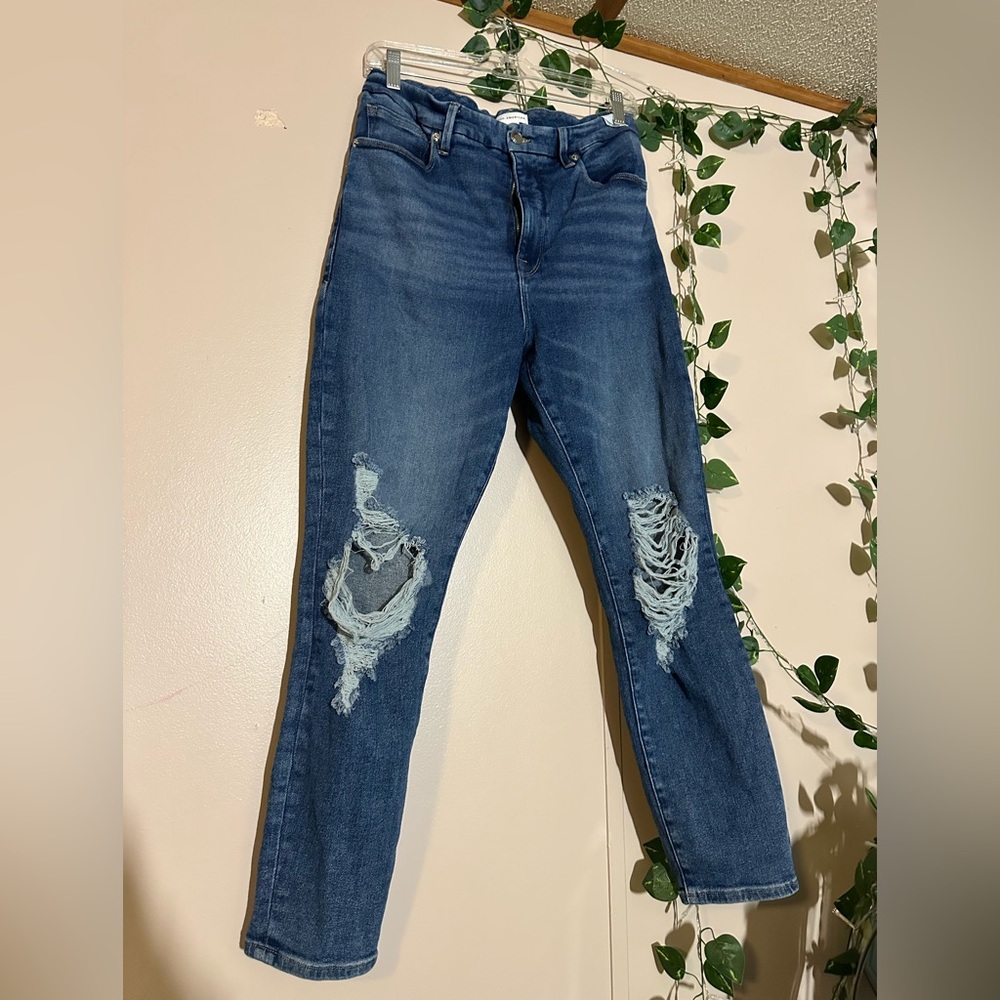 Good American Blue Distressed Boyfriend Jeans